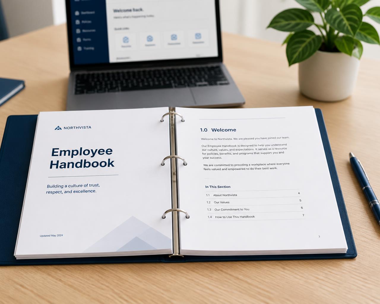 Printed employee handbook pages on a desk beside a laptop
